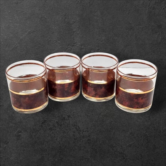 Vintage Culver Lowball Glasses Set of 4 Tortoiseshell 22K Gold Brazilian Brown - Picture 2 of 10